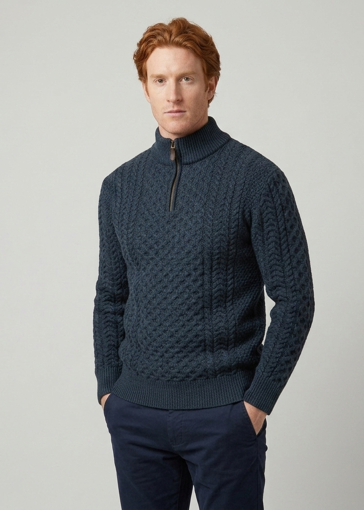 Men's Aran Half Zip Sweater - Blackwatch Navy Green