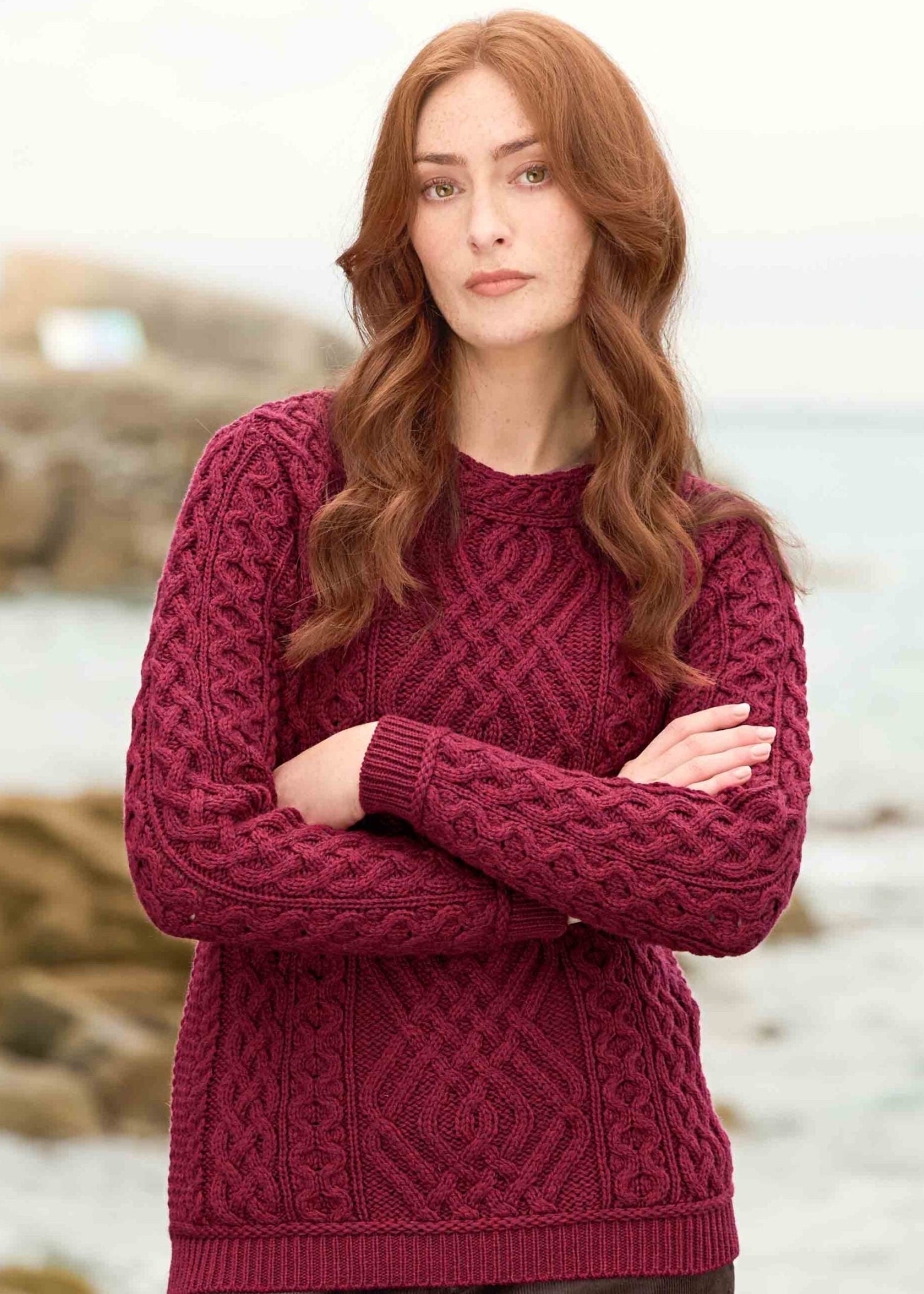 Aran Cable Knit Sweater - Pure Merino Wool | Fuchsia