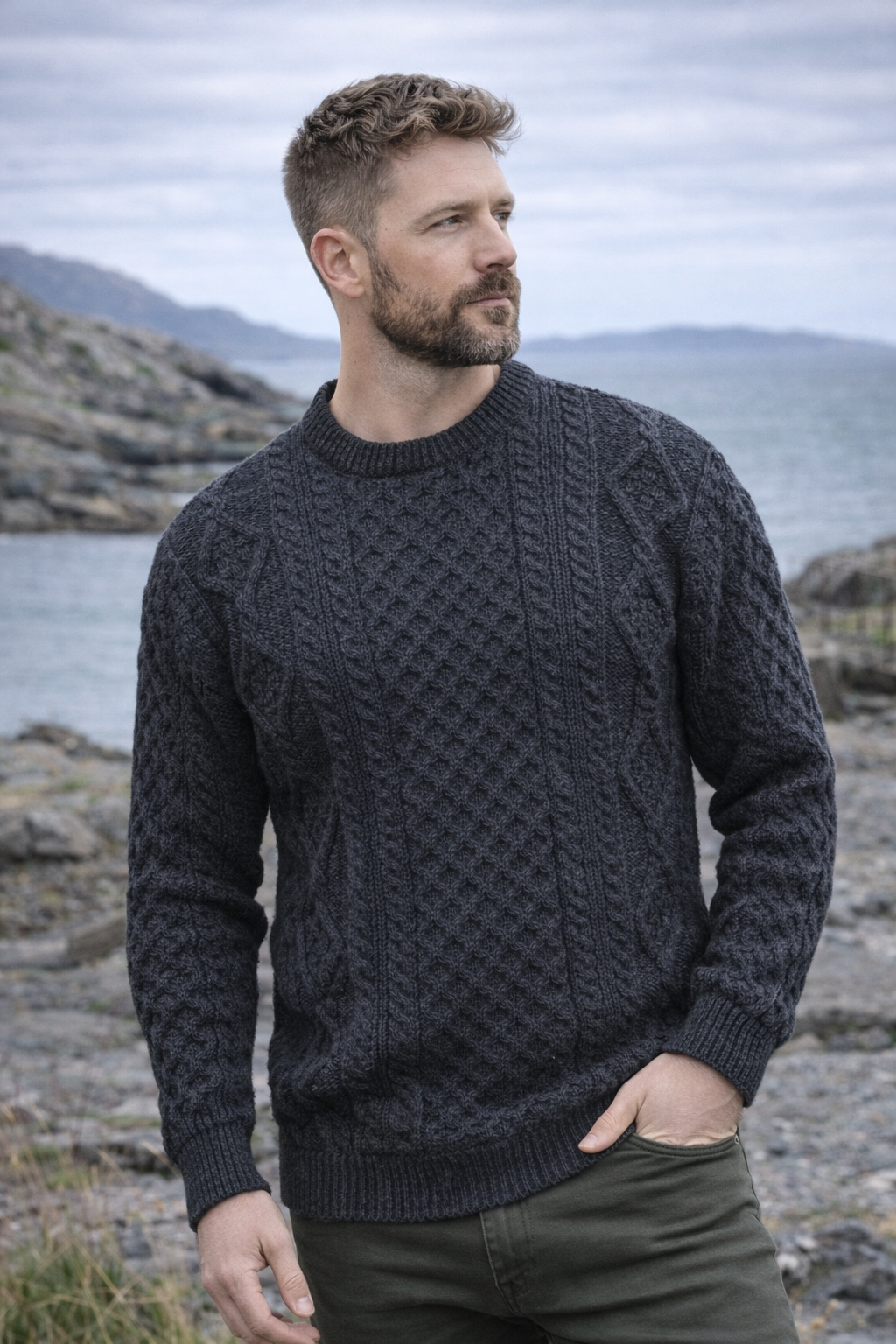 Charcoal Irish Aran Sweater | 100% Wool | Traditional Diamond Stitch