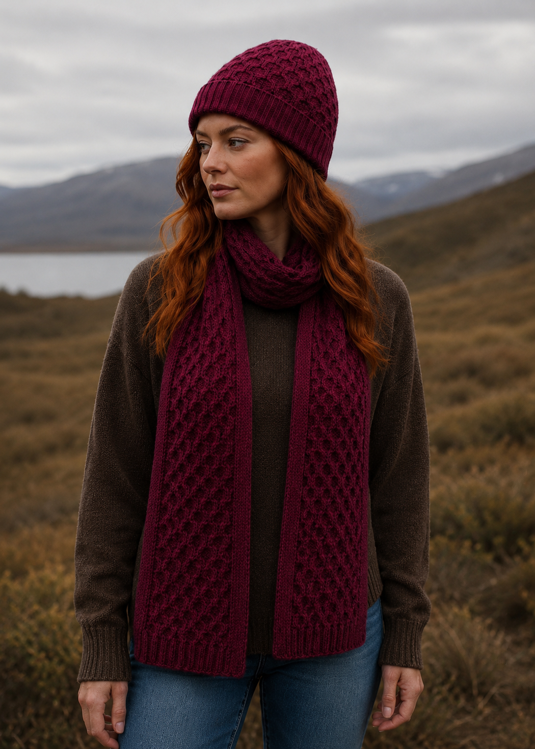 Aran Merino wool Honeycomb Scarf | Raspberry Marl
