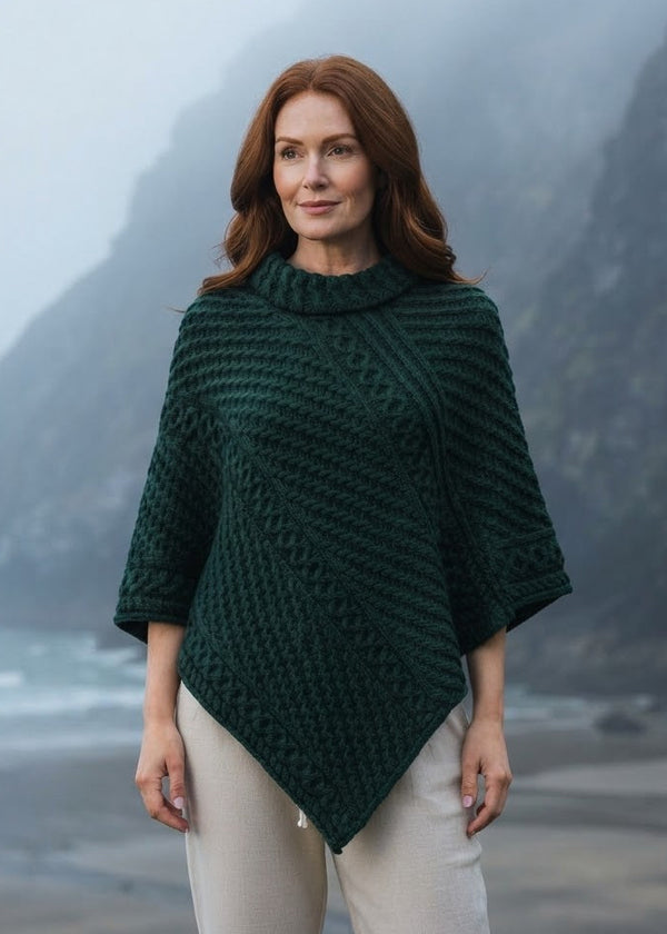 Aran Merino Wool Cowl Poncho | Army Green | Premium Heritage Knitwear