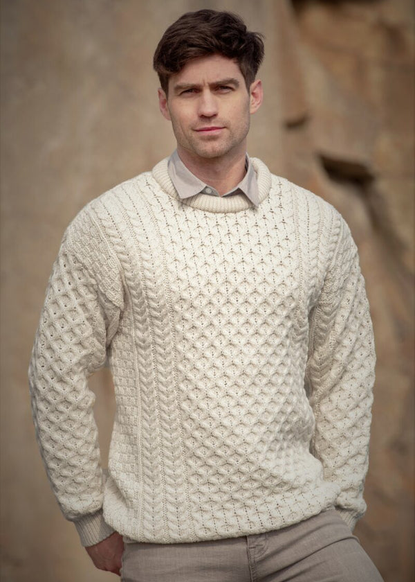 Aran Merino Wool Crew Neck Sweater | Natural | Traditional Irish Knitwear