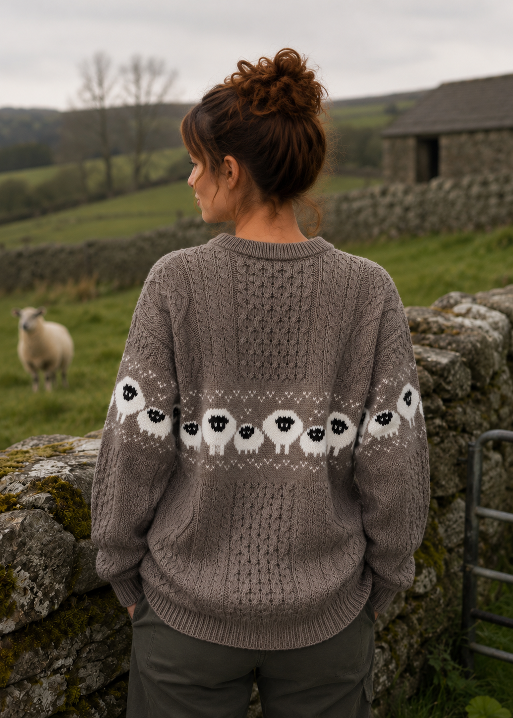 Oversized Aran Crew Neck Merino Wool Sheep Sweater | Brown