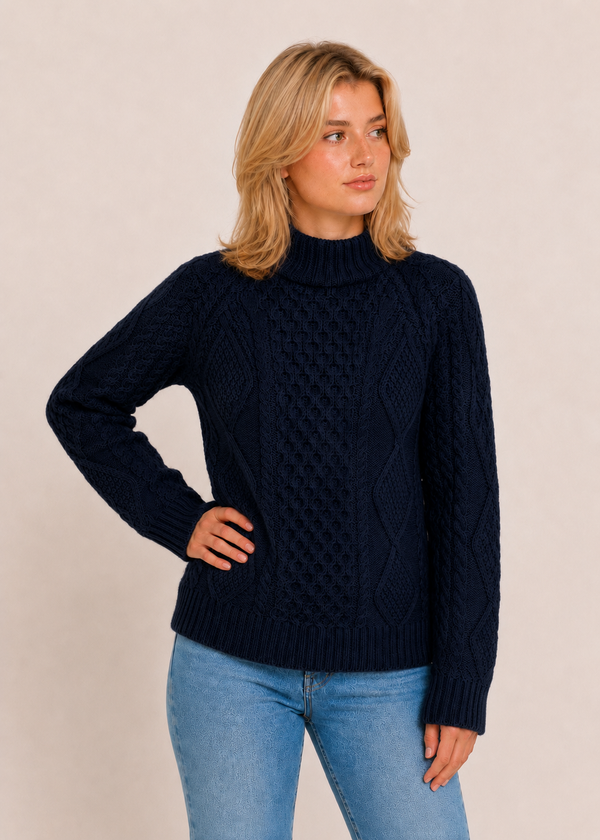 Merino Wool Cowl Neck Aran Sweater | Ocean