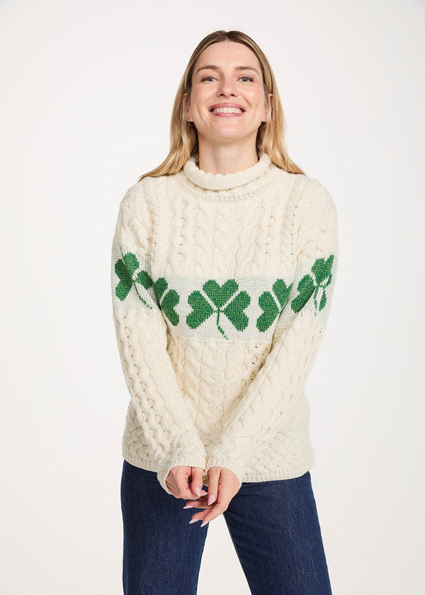 Women's Aran Merino Wool Shamrock Roll Neck Sweater