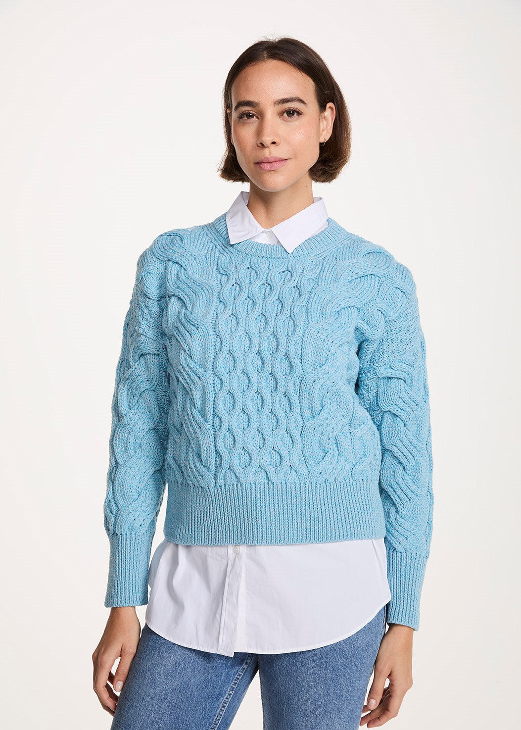 Crop Cable Knit Aran Sweater | Sky Blue