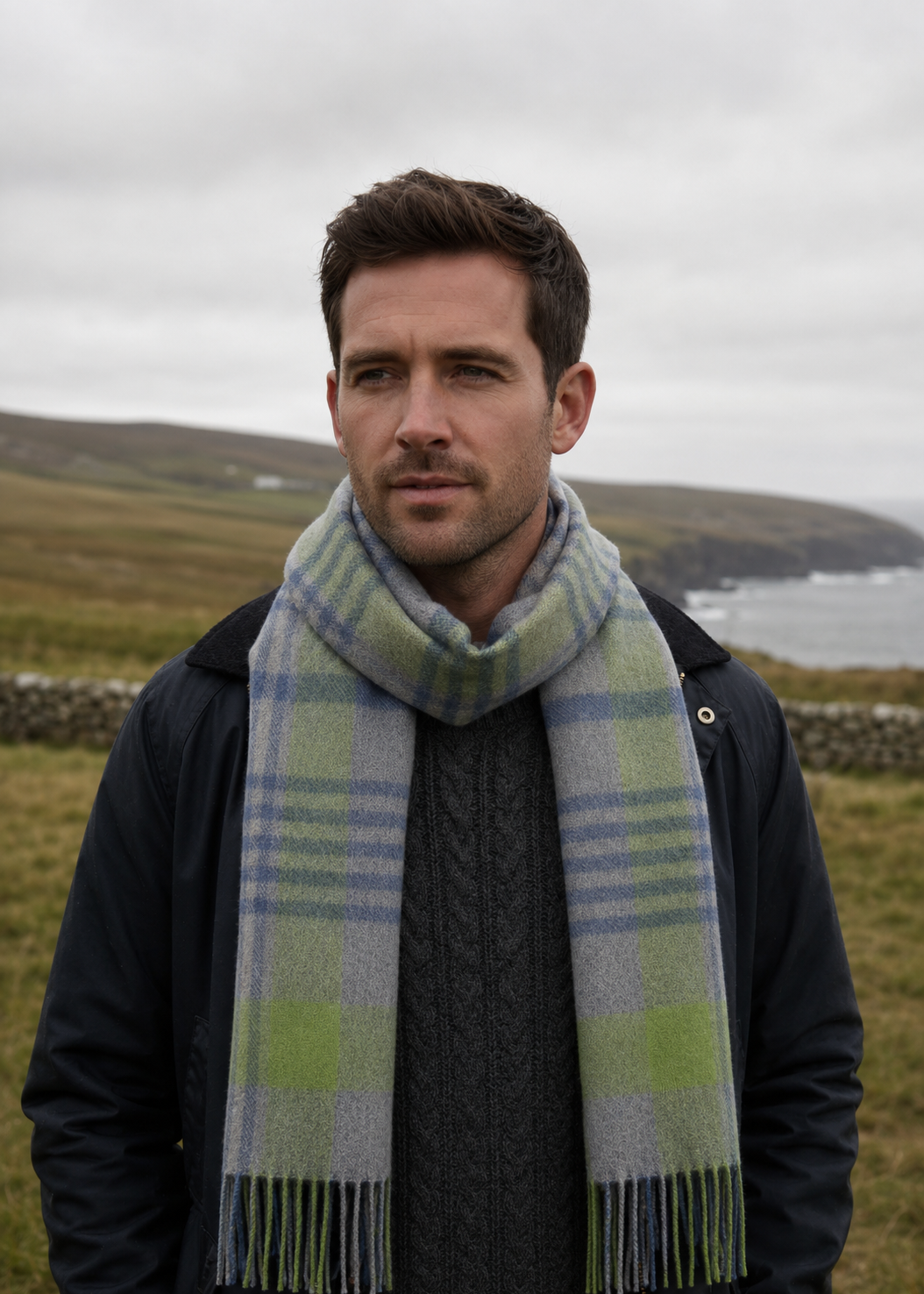 Irish Cashmere Wool Scarf | Grey Green Blue Check - Clearance
