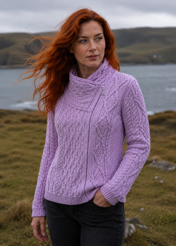 Aran Crafts Women's Sky Pink Shannon Cable Knit Side Zip Merino Wool Jacket | Made in Ireland