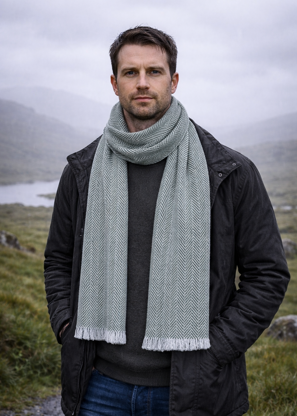 Grüner Mucros Donegal Wollschal | Hergestellt in Irland | Traditionelle irische Strickwaren