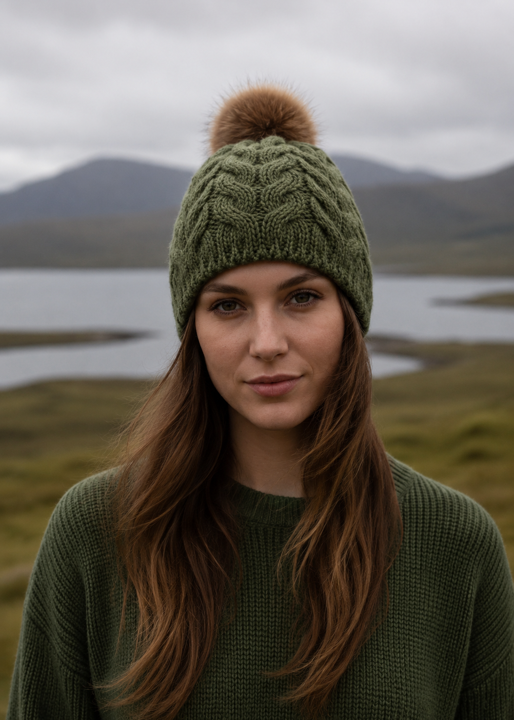Woman wearing a green knit beanie with a pom-pom in a natural landscape.
