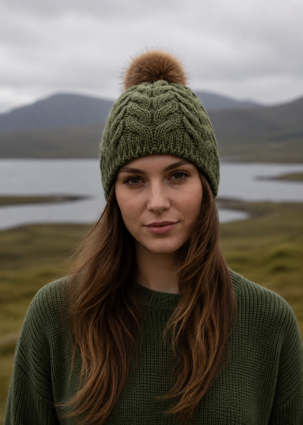 Woman wearing a green knit beanie with a pom-pom in a natural landscape.
