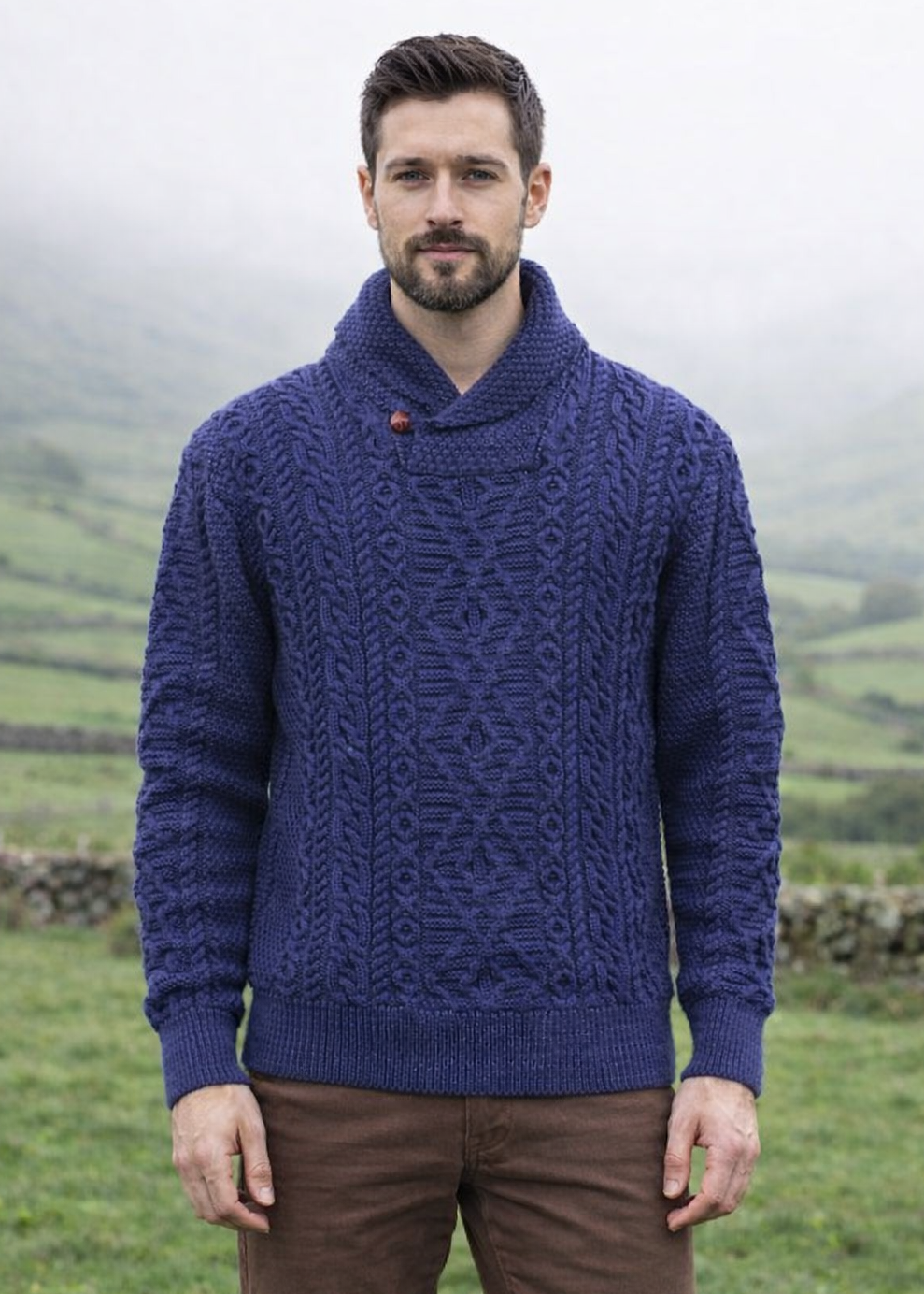 Men's Merino Wool Aran Shawl Neck Sweater | DWB