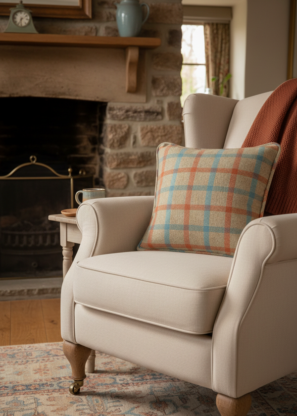 Ballyartella Cushion Straw Teal Orange Tattersall Check Herringbone