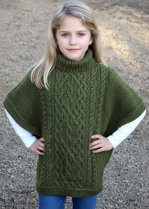 Aran Kids Poncho | Green