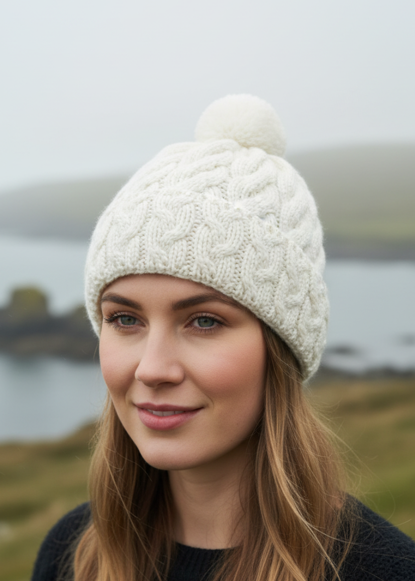 Cable Aran Hat with Pom Pom | Cream