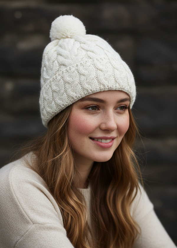 Cable Aran Hat with Pom Pom | Cream