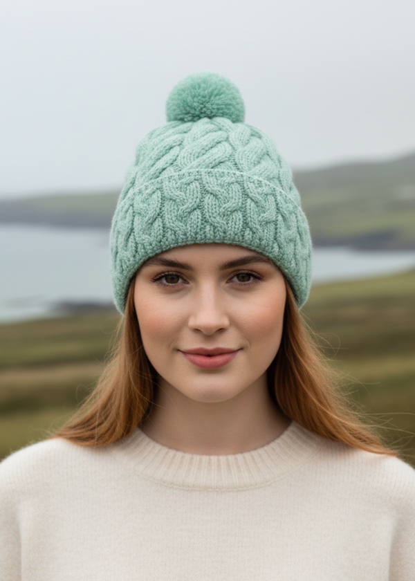 Cable Aran Hat with Pom Pom | Mint