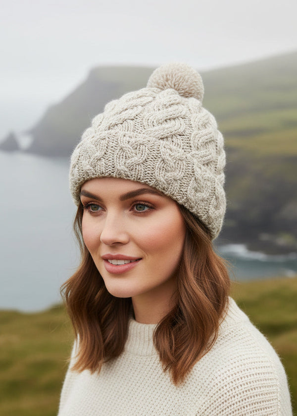 Cable Aran Hat with Pom Pom | Oat