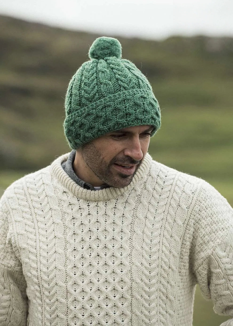 Cable Knit Aran Hat | Green