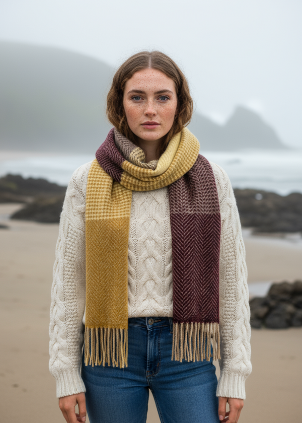 Cashmere Merino Scarf | Mustard Brown Plaid