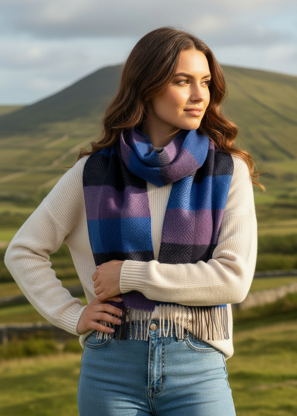 Cashmere Merino Scarf | Purple Blue Block