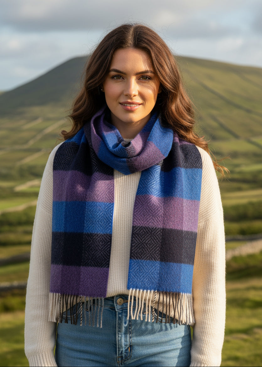 John Hanly Cashmere Navy Cobalt Purple Scarf