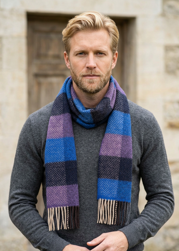 Cashmere Merino Scarf | Purple Blue Block