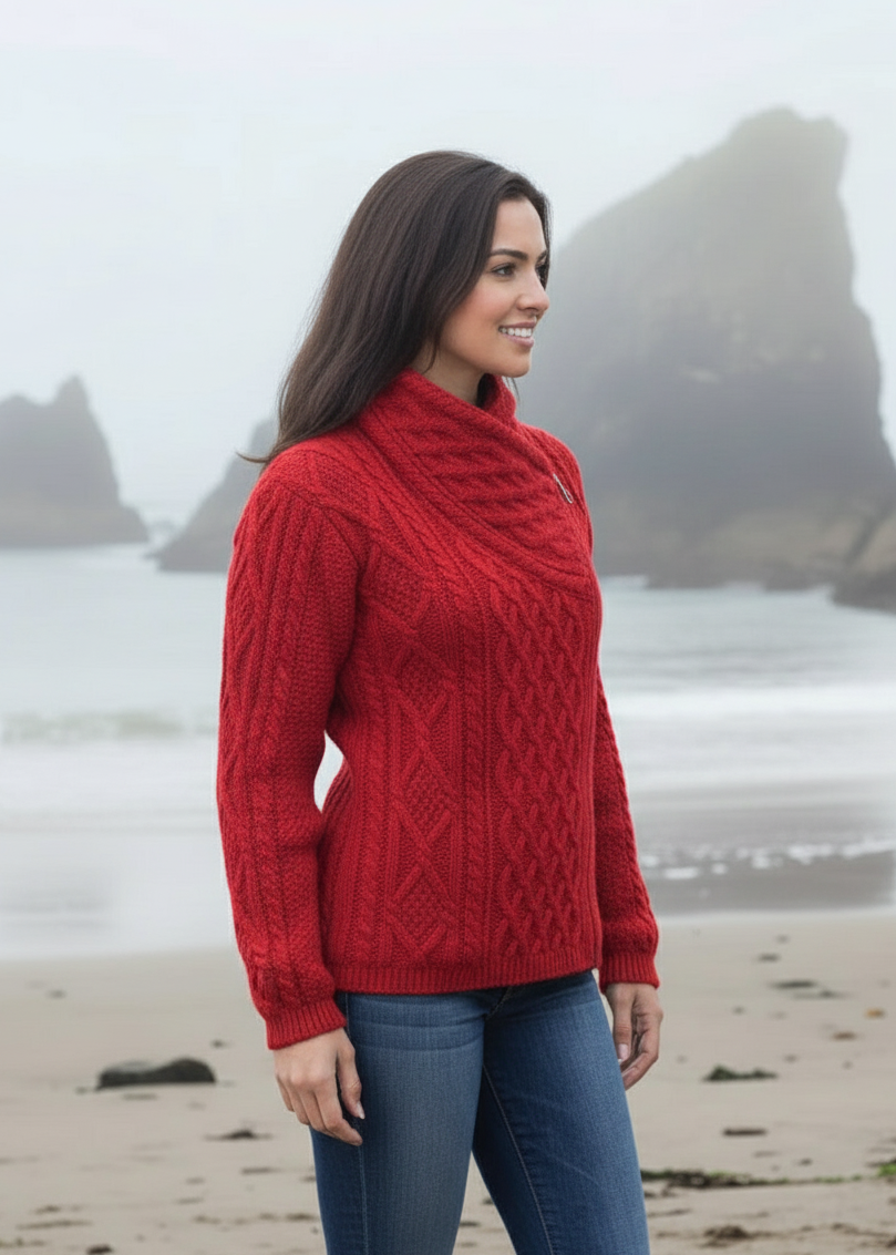 Claddagh Side Zip Aran Cardigan | Red