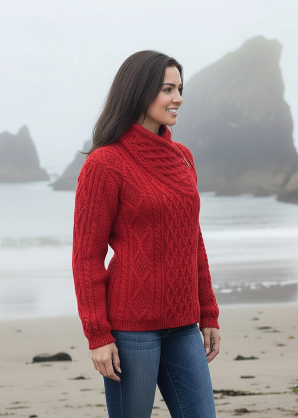 Claddagh Side Zip Aran Cardigan | Red