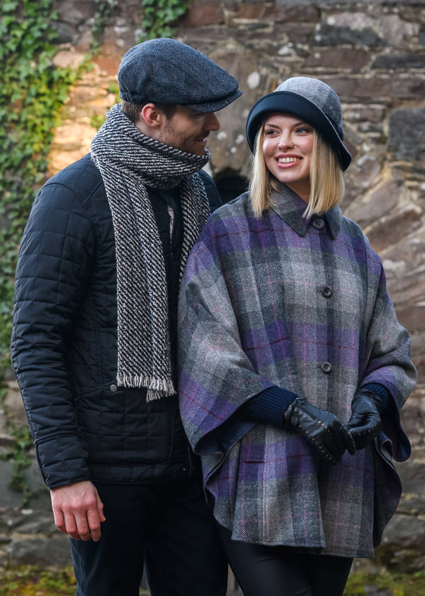 Mucros Lavender Check Country Cape - 100% Wool Button-Front Cape