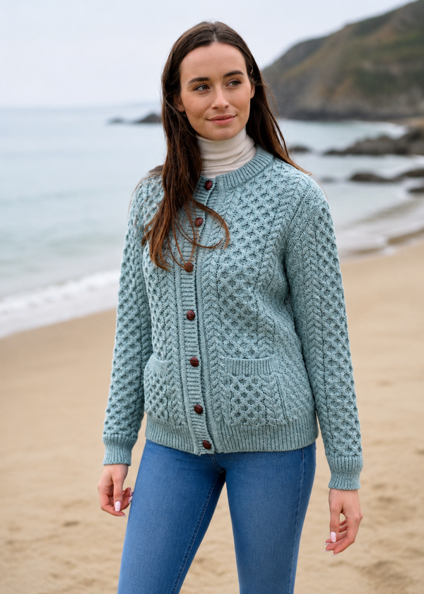 Aran Cable Knit Cardigan | 100% Wool | Aqua