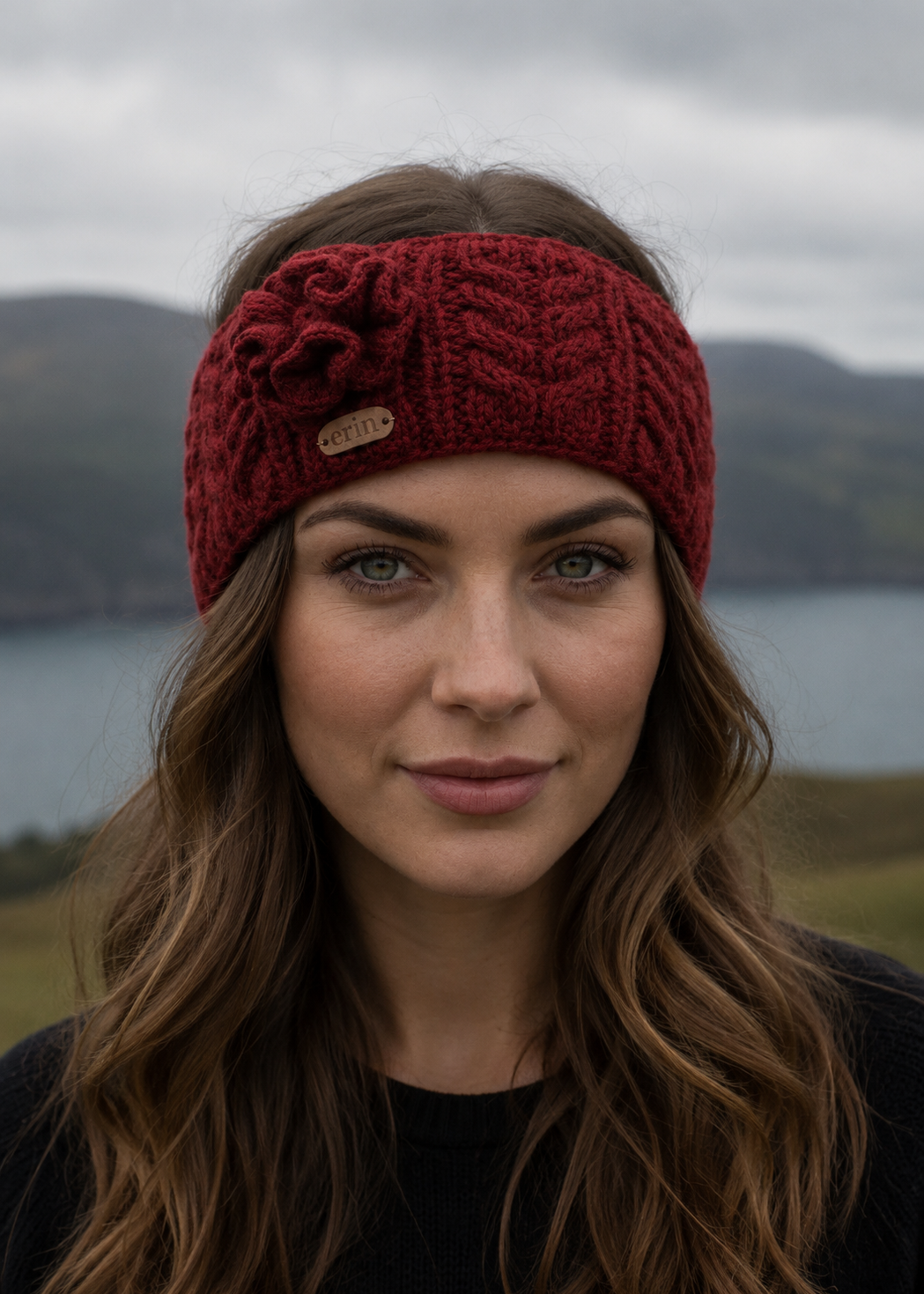 Erin Aran Cable Knitted Wool Flower Headband | Red