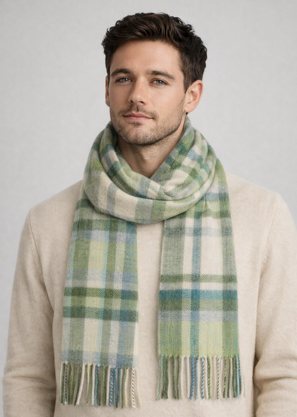 Foxford Lambswool Scarf | Turquoise & Cream Tartan