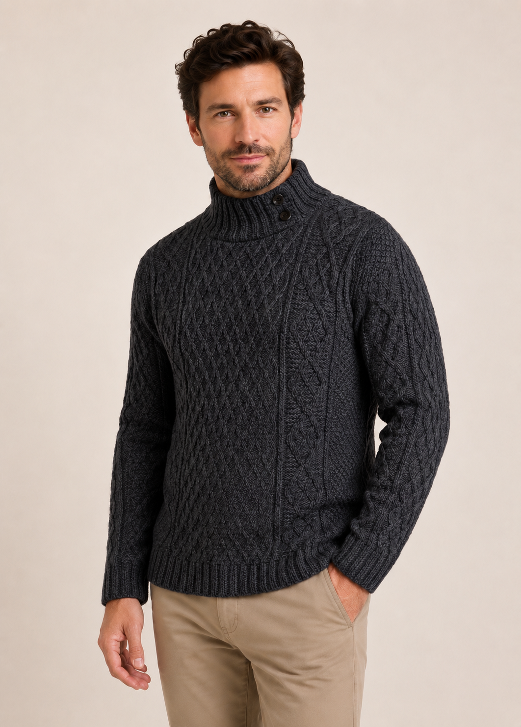 Men's Aran Merino Wool Button Collar Sweater | Charcoal