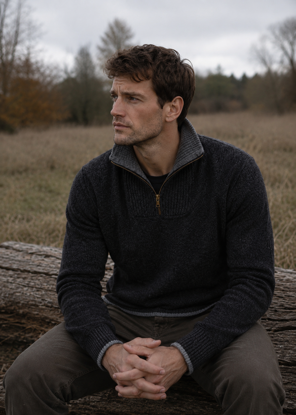 Men's Lambswool Quarter Zip Sweater - Charcoal | IrelandsEye Knitwear