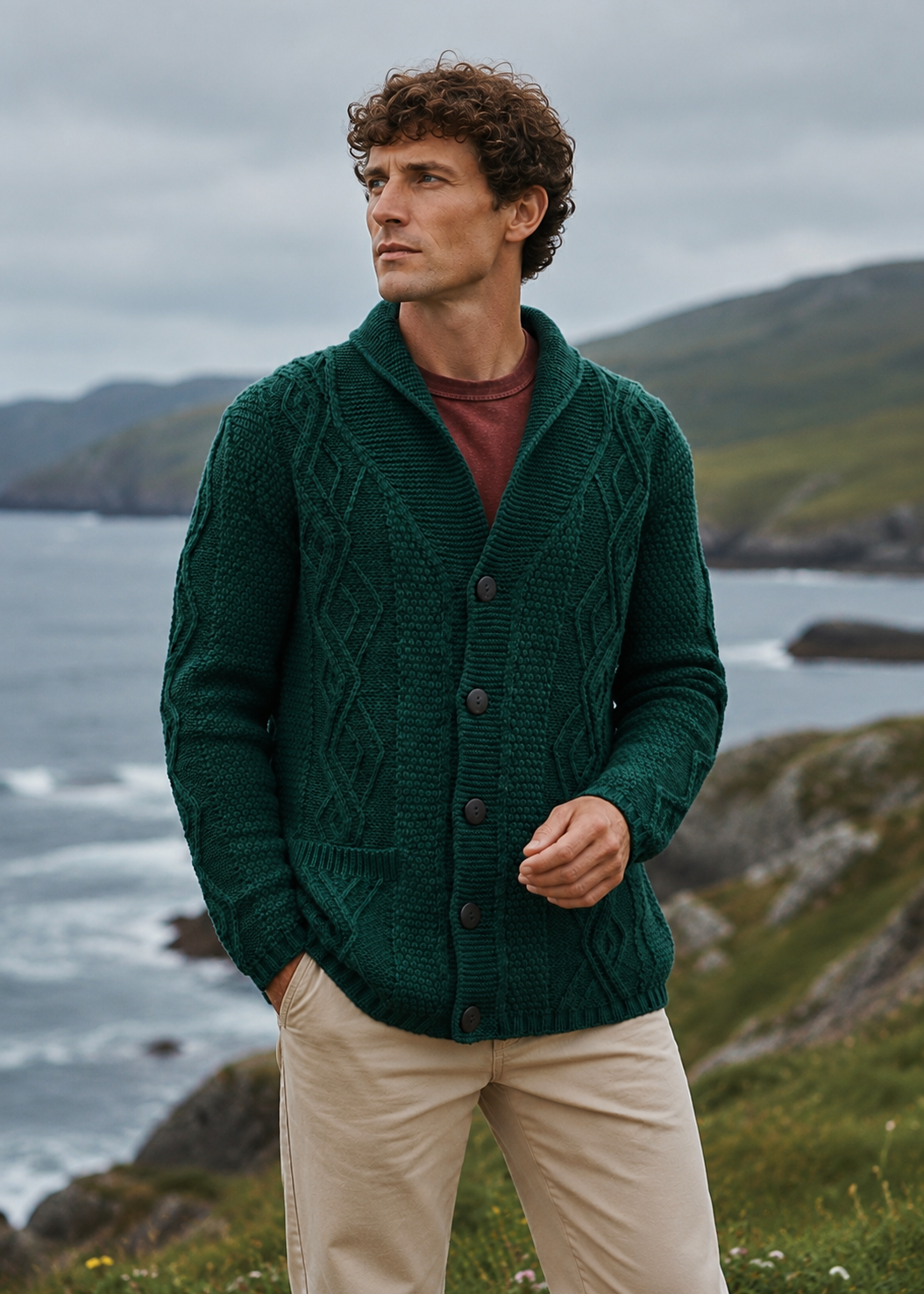 Men's Merino Wool Aran Cardigan | Green