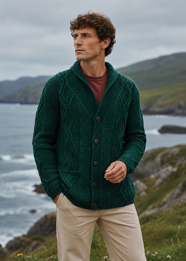 Men's Merino Wool Aran Cardigan | Green