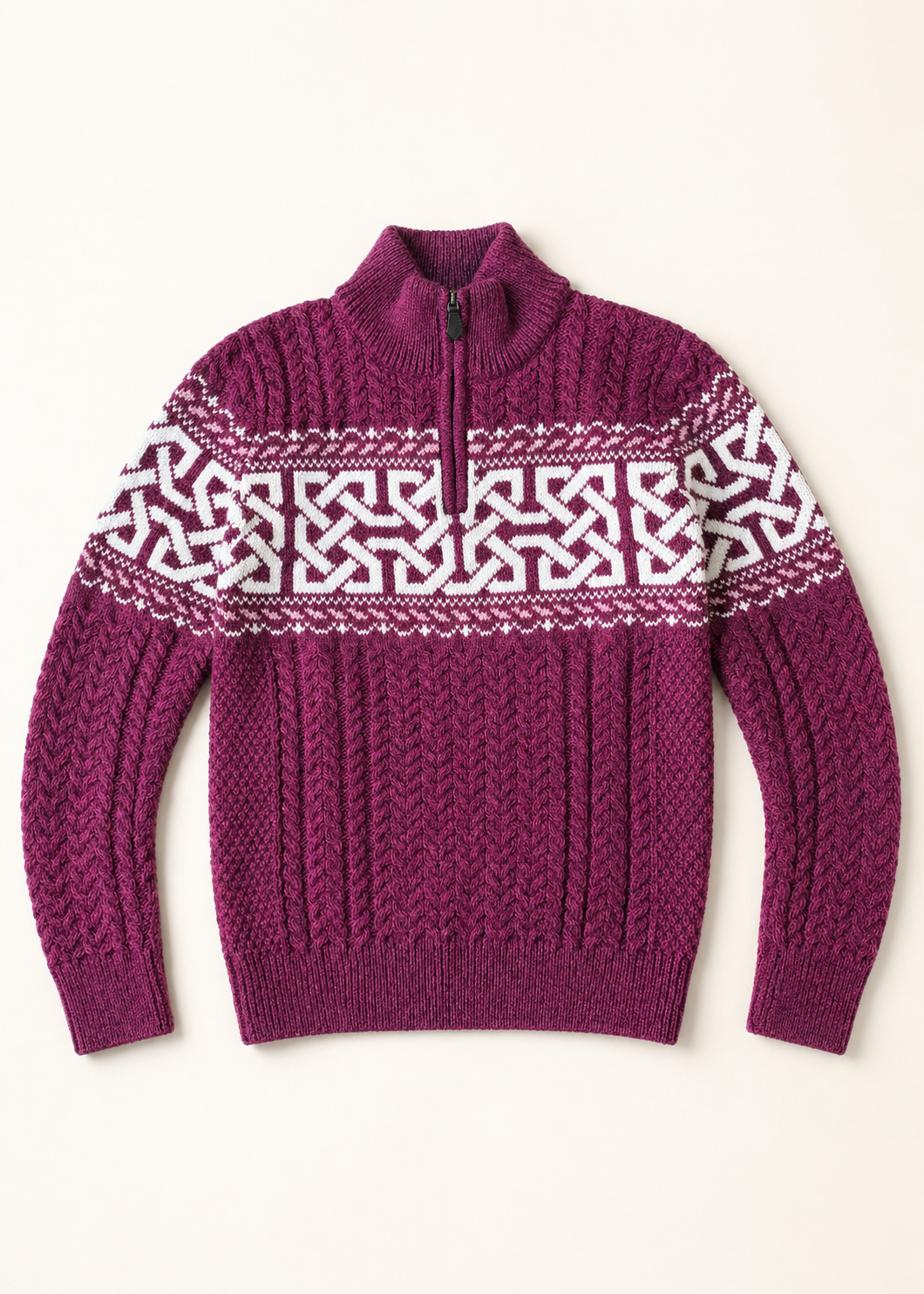 Women's Aran Celtic Design Zip Sweater | Raspberry Marl