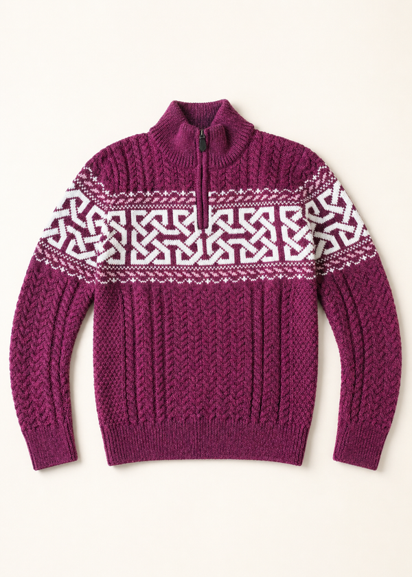 Women's Aran Celtic Design Zip Sweater | Raspberry Marl