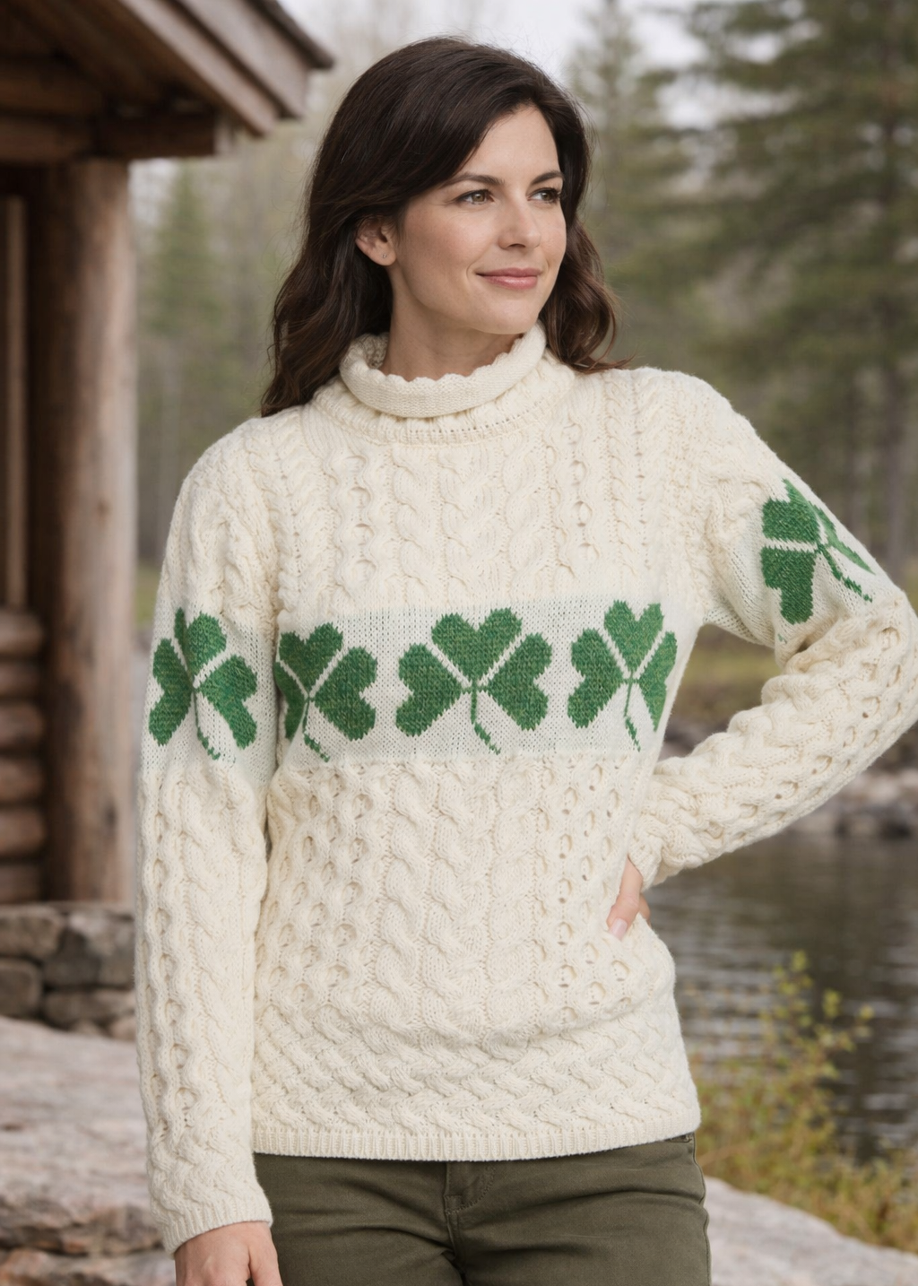 Women's Aran Merino Wool Shamrock Roll Neck Sweater
