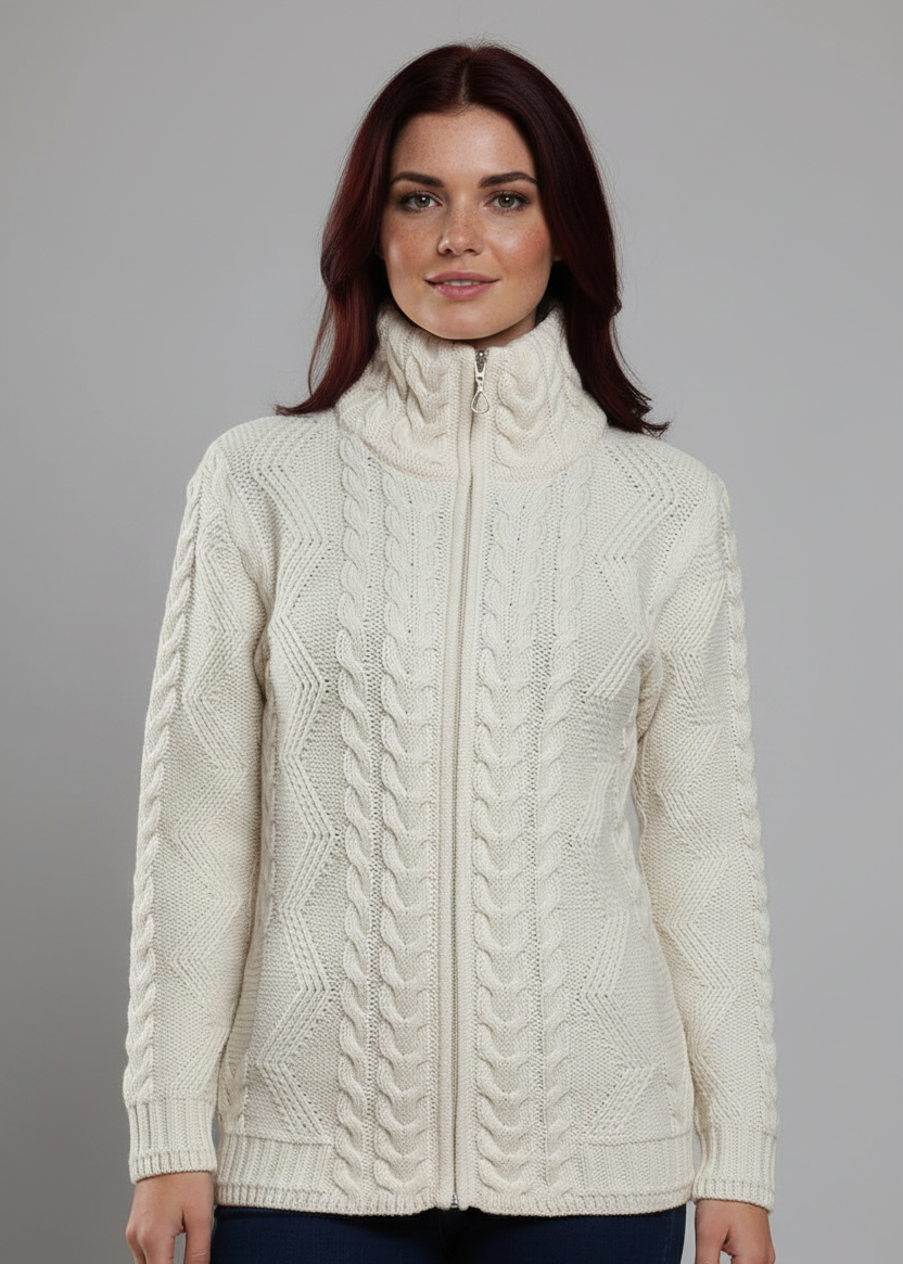Ladies Merino Wool Aran Zip Cardigan | Natural