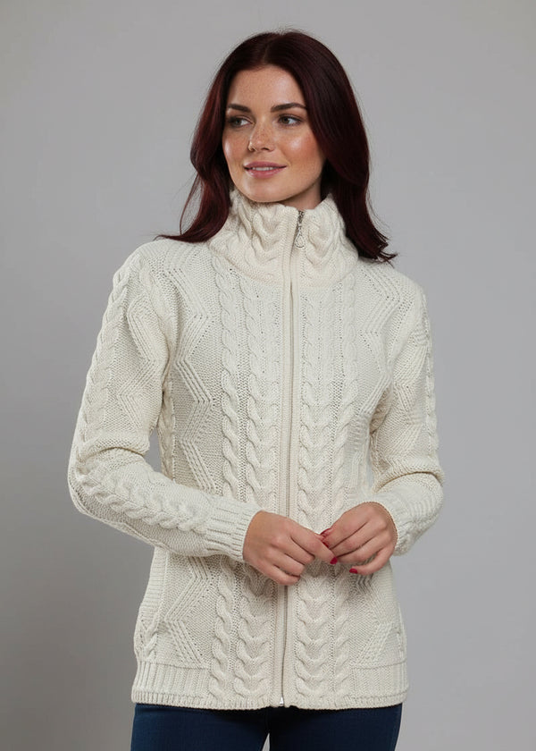 Ladies Merino Wool Aran Zip Cardigan | Natural