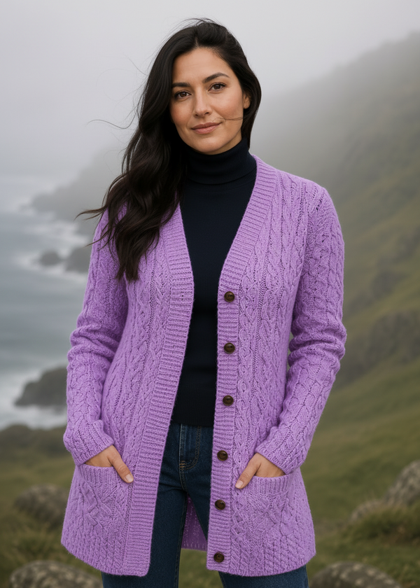 Aran Long Line Merino Cardigan | Lavender 