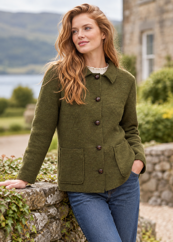 Women's Aran Pure New Wool Jacket | Green - Clearance