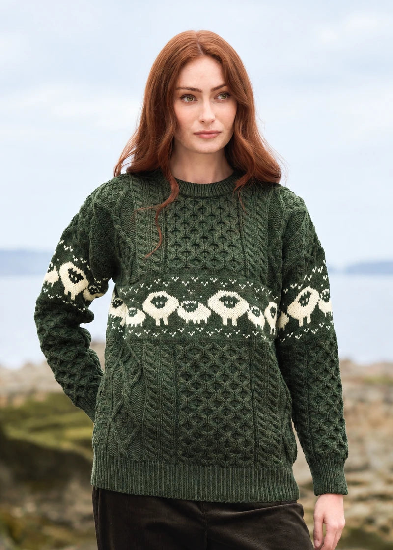 A woman wearing a dark green Aran-style knit sweater with a cream sheep pattern across the chest and sleeves, photographed outdoors against a soft-focus coastal background. The Aran Crafts logo is visible in the bottom right corner.