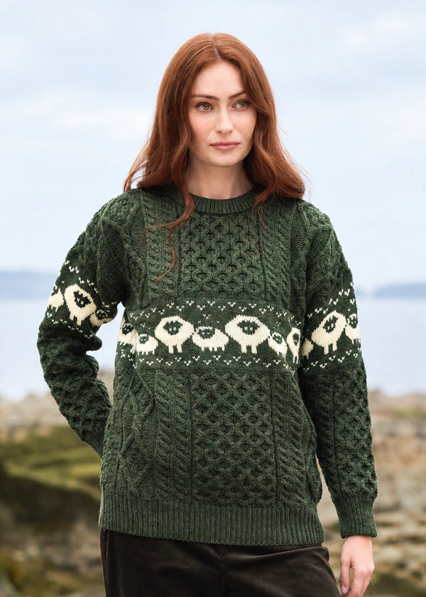 A woman wearing a dark green Aran-style knit sweater with a cream sheep pattern across the chest and sleeves, photographed outdoors against a soft-focus coastal background. The Aran Crafts logo is visible in the bottom right corner.