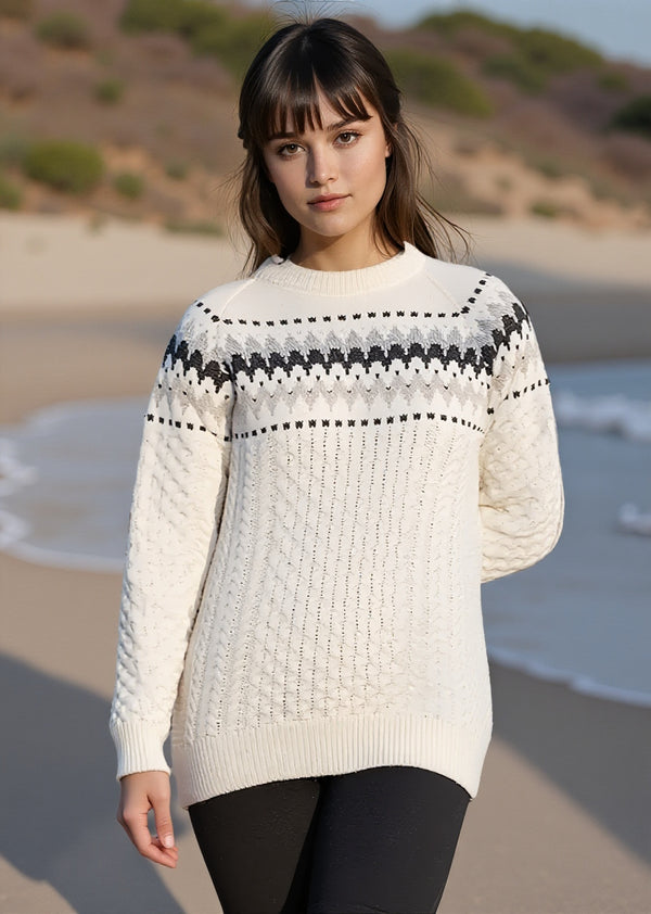 Ladies Slim-Fit Aran Fairisle Sweater | Natual