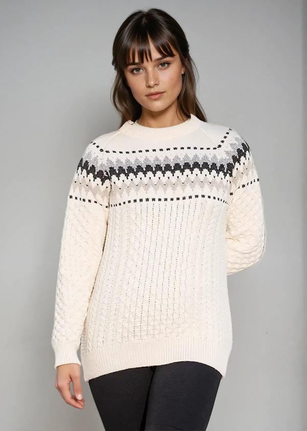 Ladies Slim-Fit Aran Fairisle Sweater | Natual