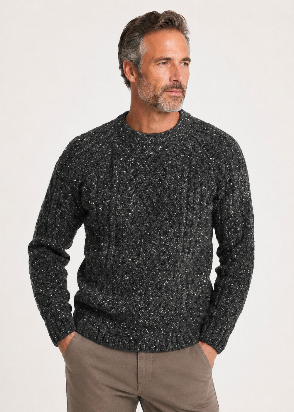 Donegal Tweed Aran Crew Neck Sweater | Charcoal Fleck