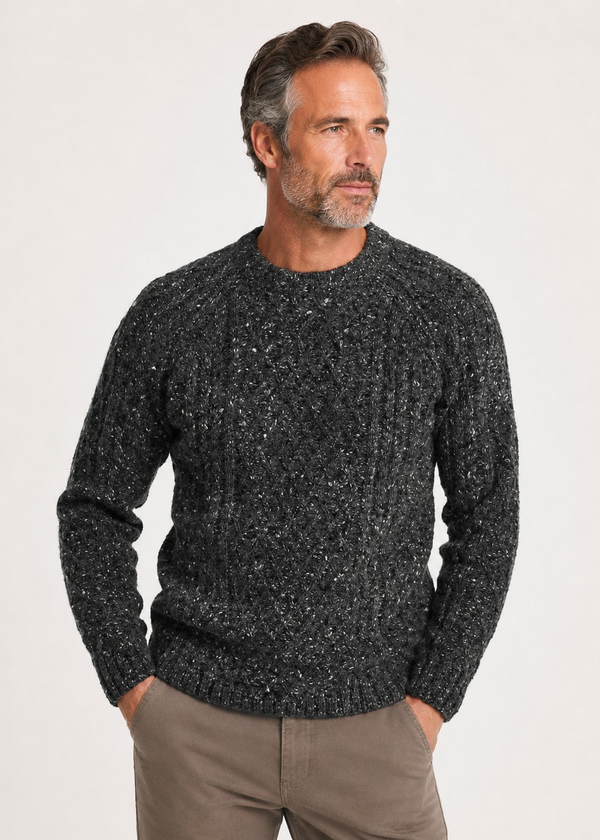 Donegal Tweed Aran Crew Neck Sweater | Charcoal Fleck